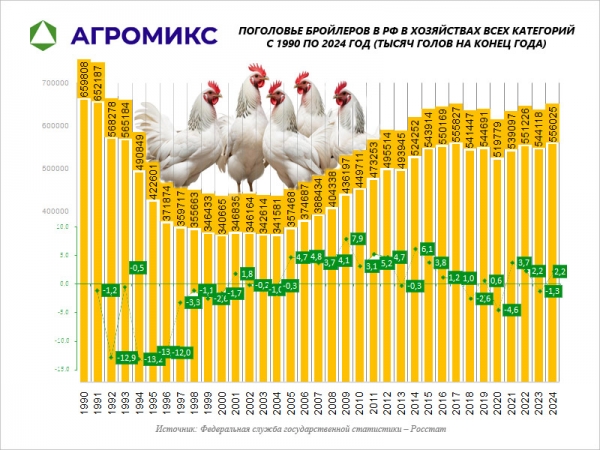 Поголовье бройлеров в СССР и России в хозяйствах всех категорий с 1990 по 2024 год, тысяч голов на конец года