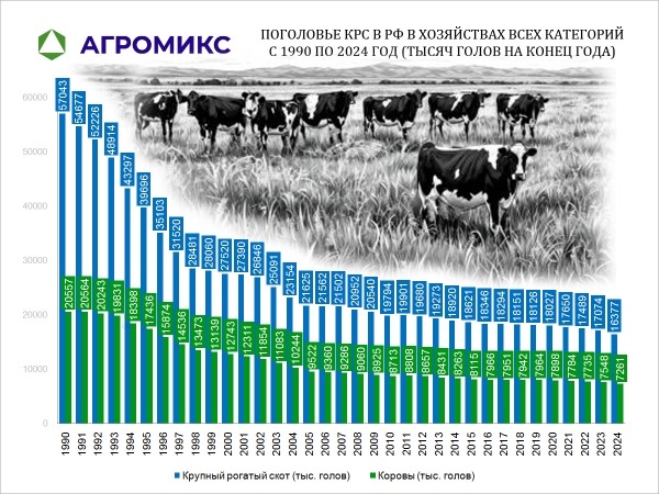 Стадо - Поголовье КРС - Крупного рогатого скота в СССР и России, динамика с 1990 по 2024 год, тысяч голов на конец года