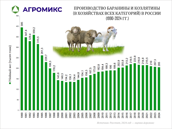 Динамика: Объём производства баранины и козлятины в СССР и России по годам, включая 1990-1995-2000-2010-2020-2024 год